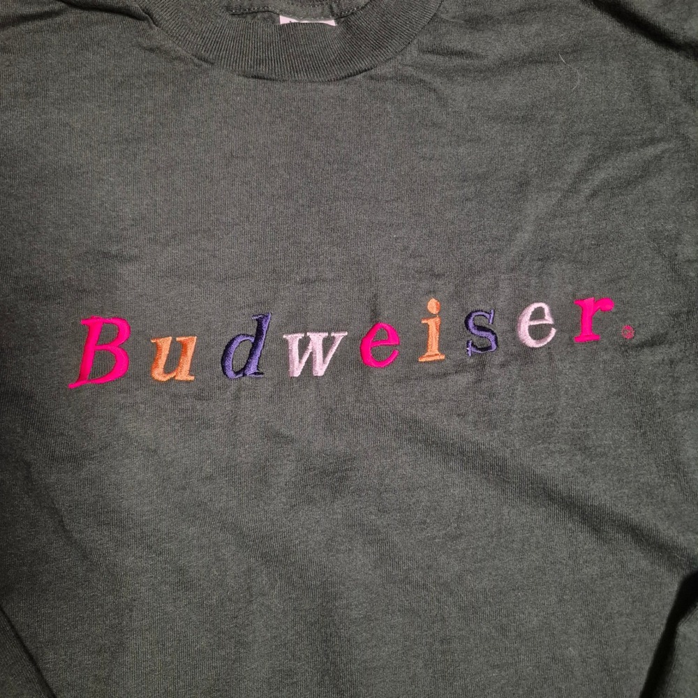 Vintage Budweiser Shirt Mens Large Green Cotton Long Sleeve Embroidered Beer - Picture 2 of 7